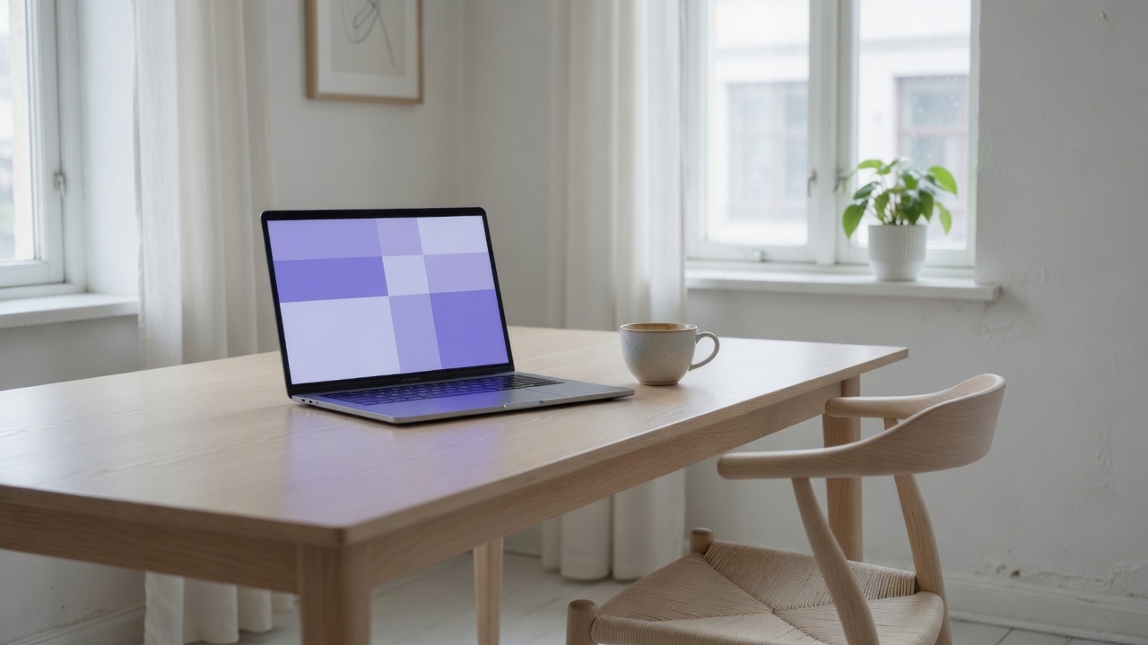 Heller Schreibtisch am Morgen, Laptop mit violettem Licht und ein freier Stuhl daneben
